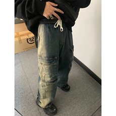 B221美式ins高街重工艺宽松做旧工装牛仔裤子LK23143-P80控108，男装牛仔裤，电商B221