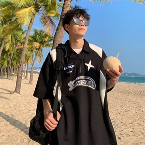 半拉链t恤男polo衫美式复古高街青少年短袖衬衫潮牌潮流夏季体恤图片