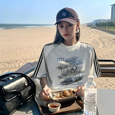 抖音得物品质二开240克宽松纯棉美式潮牌印花三条杠中性风短袖T恤，男装T恤，电商A486