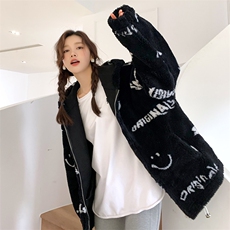 2021年冬季新款笑脸字母羊羔毛长袖立领宽松修闲仿皮草外套女，女装皮草，潮品会