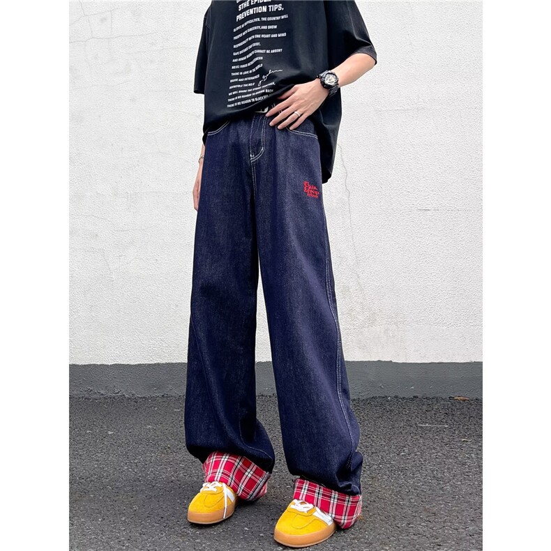 格子拼接折边阔腿牛仔直筒宽松男女高级感情侣拖地裤-NZ084，男装休闲裤，星座1002-2