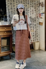 韩系减龄红格子套装裙女夏2025新款字母印花t恤半身格子裙两件套，女装套装/套裙，浙宝220