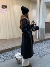 现货新款韩范中长款过膝双面羊绒大衣黑灰色高端毛呢连帽外套，女装双面呢大衣，网红馆