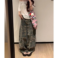 美式迷彩阔腿牛仔裤女秋新款街头辣妹宽松拖地弯刀长裤K6538-P50，男装牛仔裤，星座412-3