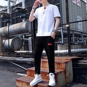 夏季短袖t恤男生休闲套装潮牌半袖青少年运动九分裤一套Y图片
