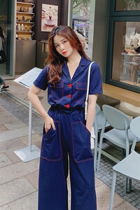 2021夏装新款网红流行工装短袖连体裤宽松V领阔腿裤女装长裤图片