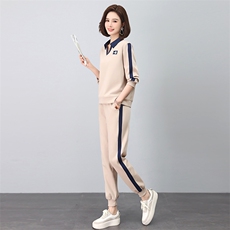时尚休闲翻领绣花撞色套装显瘦百搭长袖运动服两件套，女装套装/套裙，依恋蒂丝