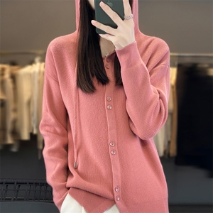 欧货针织开衫女春秋冬新款2023爆款宽松休闲连帽针织卫衣毛衣外套图片