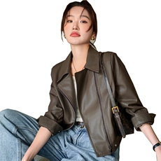 大量现货2024春季女装新款时尚休闲百搭立领皮衣外套浙宝013，女装皮衣，莘蕾