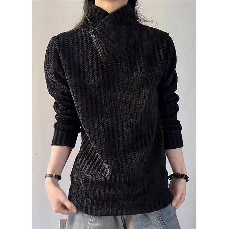高品质春装新款老钱风美式高街鱼骨纹斜拉链解构高领卫衣长袖t恤,男装T恤,电商A443