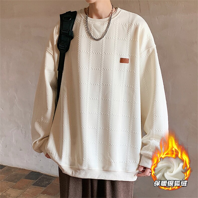 2025冬装圆领加绒卫衣格子大码男纹理提花W678J/特P35杏色,男装卫衣,电商A094