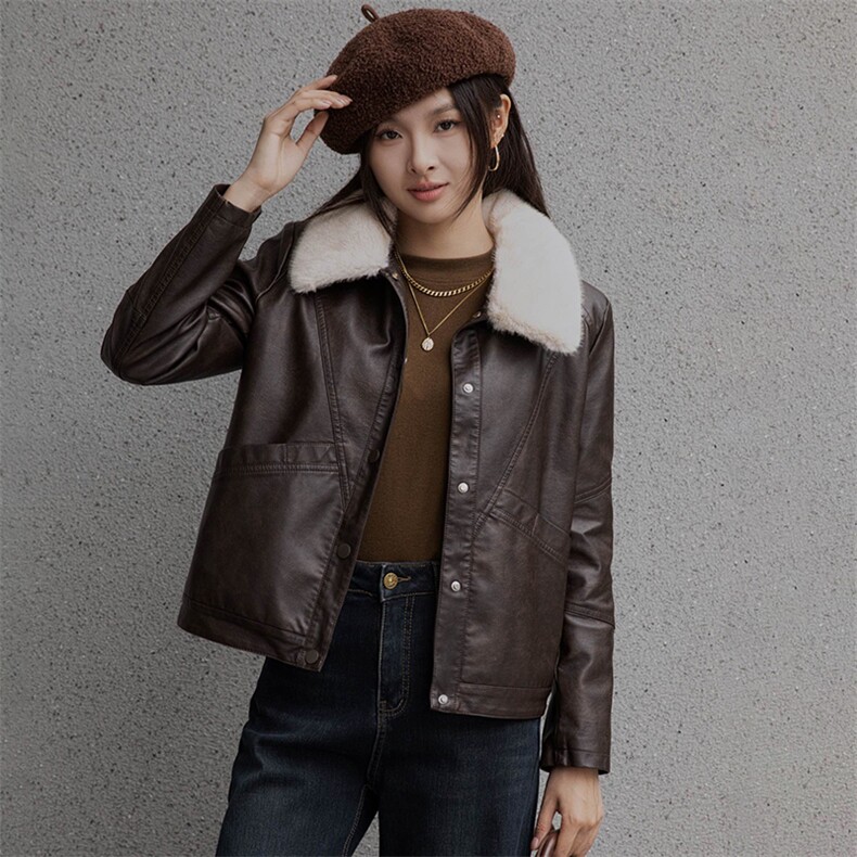 冬款加绒皮衣外套女短款2024年新款小个子加厚保暖正品皮夹克棉衣，女装皮衣，美拉德工厂直营店