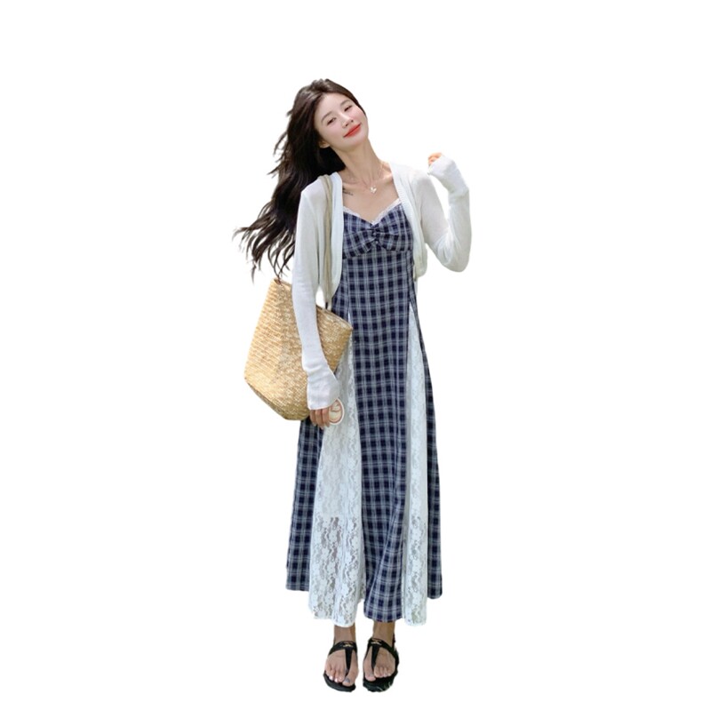 绝美蕾丝拼接格子吊带披肩吊带连衣裙女夏季2025新款超火爆款流行,女装套装/套裙,2C269