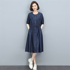 牛仔连衣裙女夏装2023年新款中长款收腰显瘦气质薄款小个子a字裙，女装连衣裙，玛其路