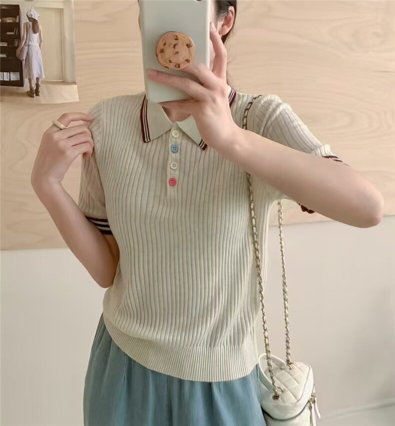 韩系学院风精纺羊毛Polo领正肩减龄短袖,女装T恤,艾米娇羊绒