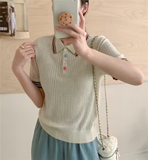 韩系学院风精纺羊毛Polo领正肩减龄短袖，女装T恤，艾米娇羊绒