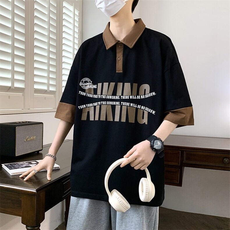84065-P40衫短袖男女夏季休闲港风ins潮牌翻领半袖t恤,男装T恤,电商D310B