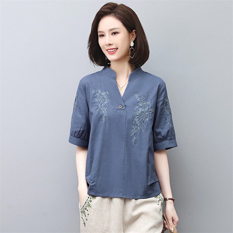 2025夏季新款亚麻休闲时尚高端苎麻上衣中年妈妈棉麻女,女装T恤,涵誉