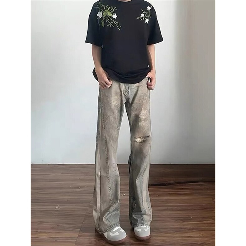 3D打印废土风微喇牛仔裤男款夏季美式高街潮牌长裤子显腿长直筒裤,男装牛仔裤,星座1005-4