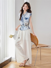 时尚休闲印花套装女2025夏季新款高端气质短袖衬衫阔腿裤两件套潮，女装套装/套裙，伊仟回