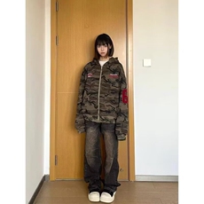 大码胖mm美式高街迷彩开衫连帽卫衣外套女秋季oversize拉链上衣，女装短外套，星座218-8