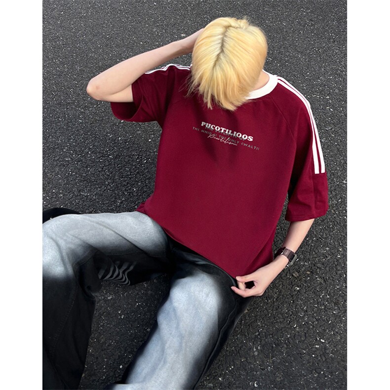 可48小时发货支持抖音得物来样二开重磅美式高街纯棉织带短袖T恤,男装T恤,电商A486