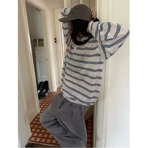 夏季薄款撞色条纹针织长袖T恤男女宽松休闲慵懒防晒上衣 T5607图片