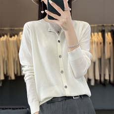 2024春夏季新款精纺圆领羊毛开衫女宽松百搭针织长袖毛衣外套上衣，女装羊毛衫，臻维羊绒