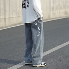 牛仔裤男宽松直筒美式高街潮牌字母印花日系阔腿XK8007P40，男装牛仔裤，星座1116-2