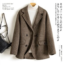 现货精品通勤外贸咖啡色欧美风秋冬新款双面羊毛格子西装外套，女装双面呢大衣，丝露依尚（原SL）