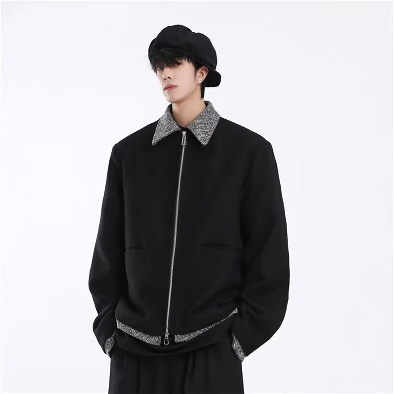 秋冬季新款潮高级感简约翻领拼接色休闲短款夹克外套男HH7644 P75图片