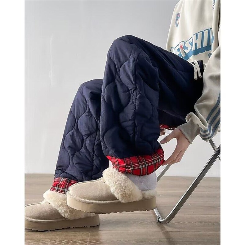 冬季葫芦纹保暖棉裤男女翻边格子休闲裤高街防寒阔腿裤K5990-P51，男装棉裤，星座412-3