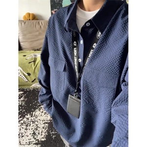 藏青色泡泡纱衬衫男春秋套头半开衫长袖衬衣美式cleanfit情侣外套图片