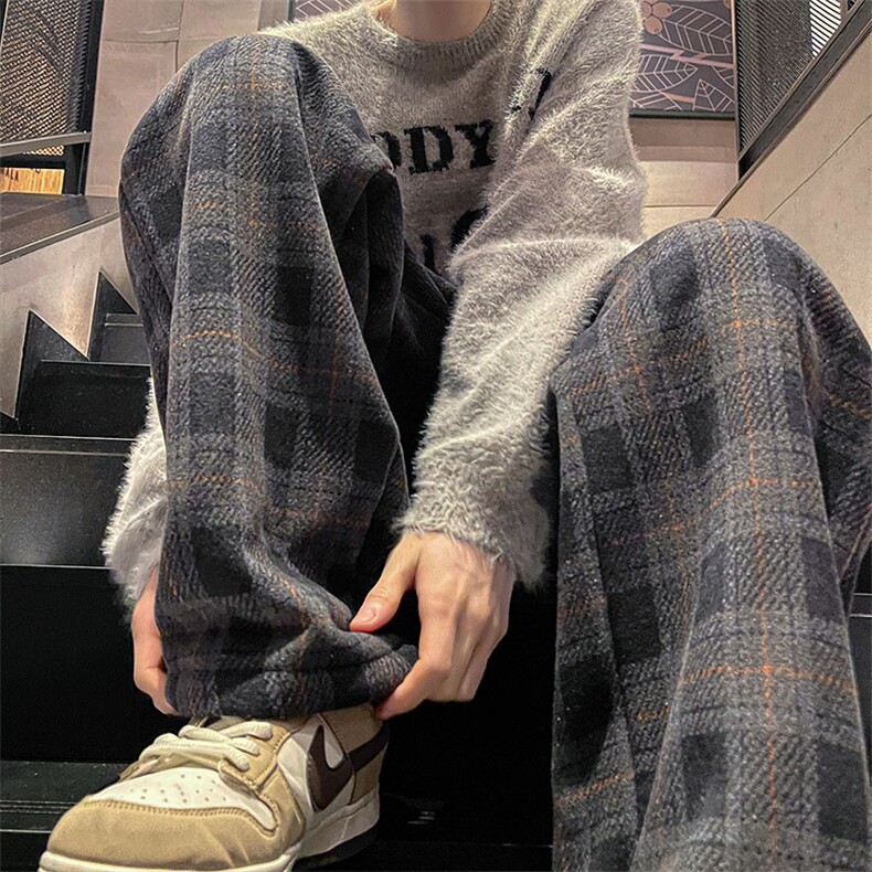 现货DSA059-ZK7945-P60加绒P70呢料加绒加厚格子阔腿直筒裤,男装休闲裤,电商A059