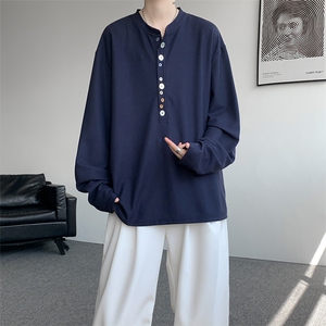 8XL-M 慵懒肌理感华夫格廓形云母贝纽扣长袖T恤打底长袖CX3006P48图片
