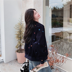 黑色时髦灯芯绒刺绣外套女2025秋季新款潮流设计慵懒休闲宽松夹克图片