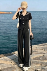运动休闲套装女夏季新款时尚高级感修身显瘦短袖上衣直筒裤两件套，女装套装/套裙，江南