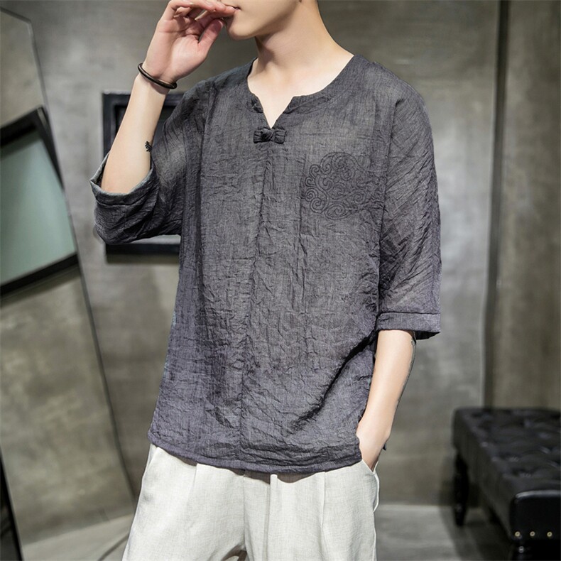 606P30室内风2024春夏装新款百搭时尚V领盘扣仿亚麻七分袖T恤,男装T恤,电商A026