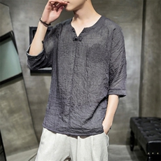 606P30室内风2024春夏装新款百搭时尚V领盘扣仿亚麻七分袖T恤，男装T恤，电商A026