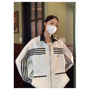 条纹撞色夹克外套男2026春秋新款美式潮牌宽松设计感立领开衫卫衣图片