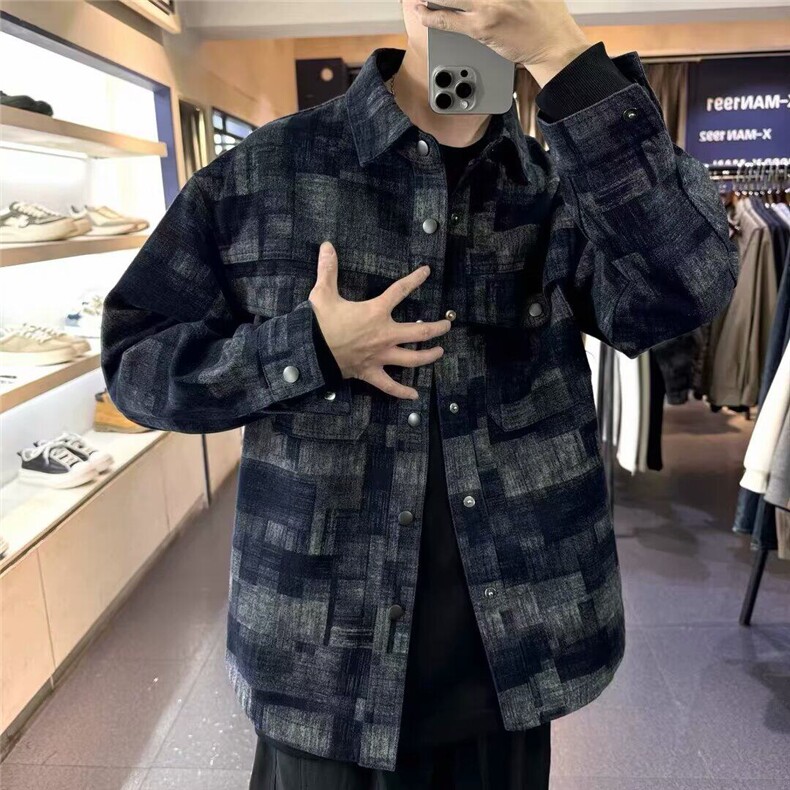 复古格纹牛仔外套男春秋季2025新款潮牌休闲衬衫翻领夹克男上衣服,男装夹克,星座506A