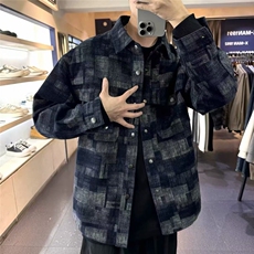 复古格纹牛仔外套男春秋季2025新款潮牌休闲衬衫翻领夹克男上衣服，男装夹克，星座506A