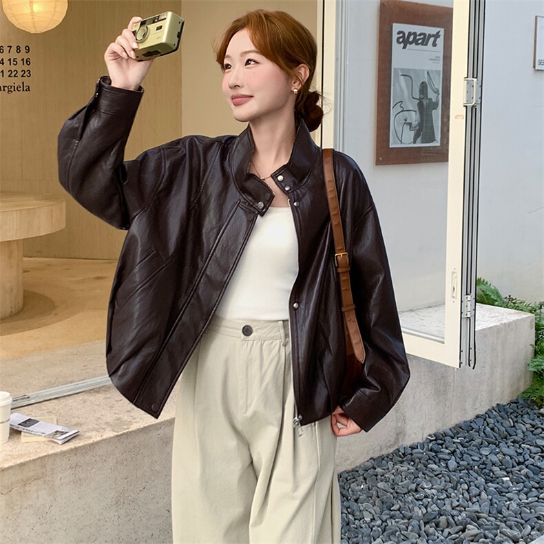 咖色格子拼接皮衣外套女秋季2025新款韩版宽松显瘦夹克上衣,女装短外套,纯色衣恋