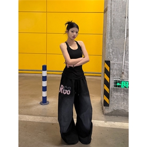 水洗做旧黄色美式hiphop卫裤女宽松阔腿休闲运动裤子图片