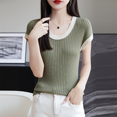 冰丝针织短袖t恤女2024新款爆款夏季薄款修身莱赛尔天丝小衫上衣，女装针织衫/毛衣，朝思羊绒