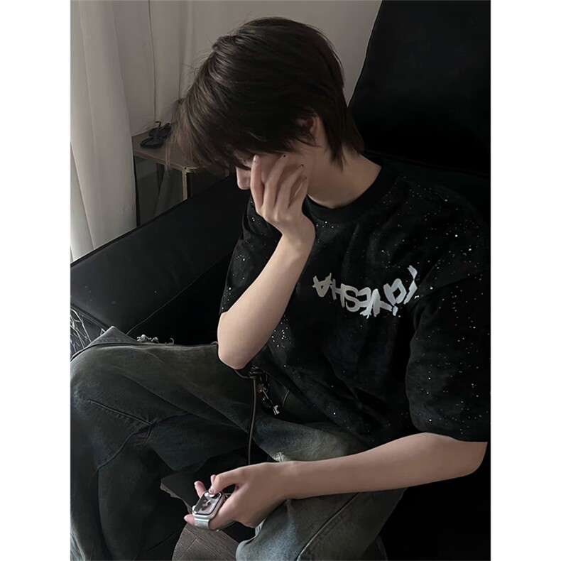 抖音得物供货 240克美式复古扎染满天星亮片中性风短袖T恤 AT2701图片