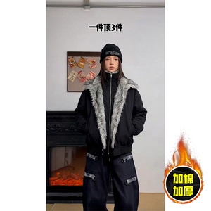 现货高品质美式高街重磅狼王座山雕毛毛领假两件棉衣加厚棉服外套图片