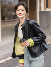 新中式盘扣皮衣外套女2025秋季新款超好看皮夹克PU拼接外套，女装皮衣，韩美纤衣