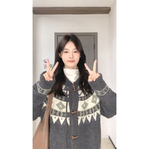 重磅秋冬北极绒开衫毛衣美式复古休闲慵懒风牛角扣针织衫连帽外套图片