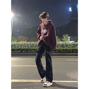 美式hiphop裤子高街vibe交叉绑带牛仔裤修身直筒微喇叭裤图片